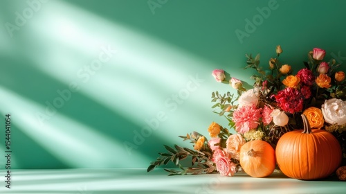 This vibrant image features a beautiful autumn floral arrangement alongside pumpkins, conveying a warm and festive atmosphere of the fall season.