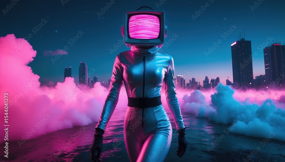 Fototapeta premium Futuristic Retro TV Head Character in Neon Cityscape, Vaporwave Aesthetic, Creative Concept