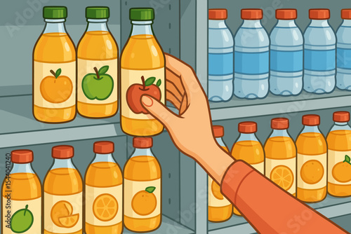 Customer Hand Selecting Fresh Apple Juice Bottle from Supermarket Shelf. Healthy Beverage Grocery Shopping. Retail Store Consumer Product Choice Cartoon Vector Illustration.