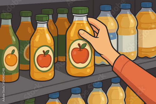 Female hand choosing delicious organic apple juice bottle from well-stocked supermarket shelf, healthy lifestyle beverage selection, grocery shopping consumerism cartoon vector.