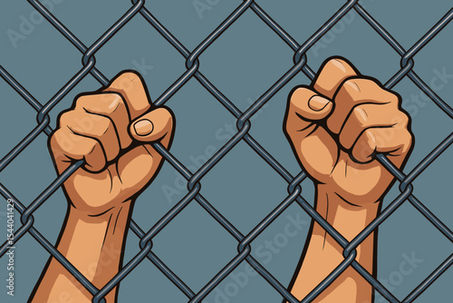 Hands gripping a chain link fence. Metaphor for prison, confinement, and captivity. Concept of protest, struggle for freedom, human rights, justice, escape, and immigration issues.