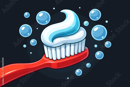 Cartoon toothbrush with mint toothpaste and fresh bubbles, dental hygiene concept on dark background, clean teeth routine, oral care vector illustration, sparkling cleanliness, no text