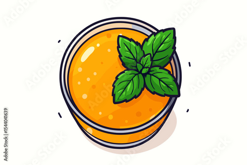 Top view glass of fresh orange juice with mint leaves garnish, vibrant citrus beverage, healthy summer drink, refreshing cartoon vector illustration, clean white background, no text