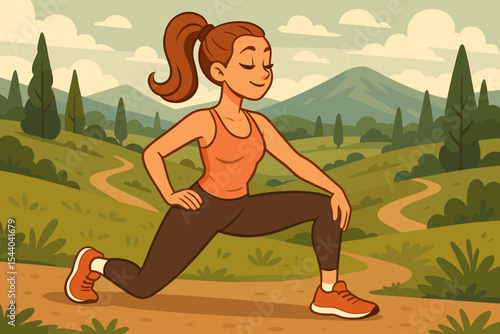 Athletic young woman stretching muscles before trail running in scenic countryside. Outdoor exercise, warm-up routine, fitness activity. Healthy lifestyle vector illustration, cartoon landscape
