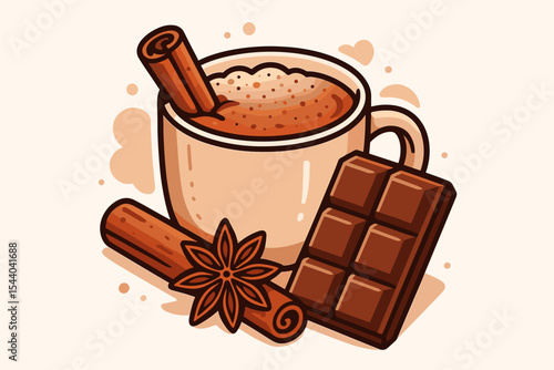 Cozy hot chocolate and masala chai tea with cinnamon sticks, star anise, chocolate bar. Aromatic spiced beverage, sweet treat, winter comfort drink. Vector cartoon illustration, warm cafe dessert