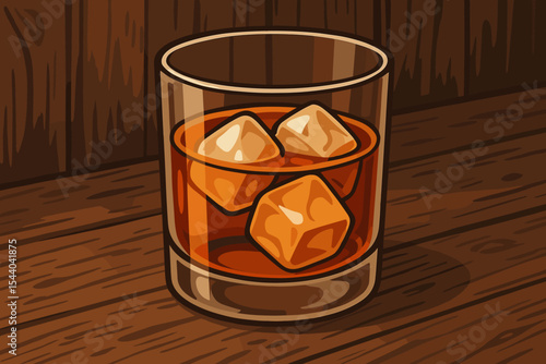 Whiskey glass on rustic wooden table with ice cubes, classic bourbon or scotch drink, alcohol beverage concept illustration, cozy bar, vintage style vector, nightcap, no text