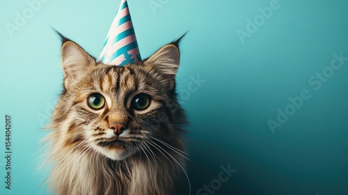 A charming cat adorned with a colorful birthday hat, showcasing its playful and fun-loving personality, perfect for capturing the joy of pet celebrations.