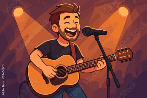 Cartoon guitarist and singer performing live on stage with acoustic guitar and microphone, concert lights, musical performance, musician entertaining audience, vibrant vector illustration