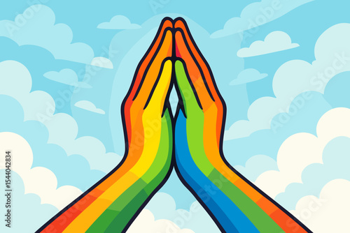 Rainbow colored hands in prayer position, a symbol of LGBTQ pride, faith, and unity. Vector illustration of praying gesture against a cloudy sky. Concept of diversity, hope, and spirituality.