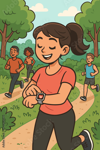 Group of runners exercising on park trail, woman checking heart rate on smartwatch, outdoor fitness, jogging, motivation, healthy lifestyle, diverse people, vector cartoon illustration