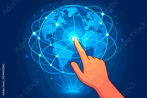 Human hand touching glowing global network hologram. Fast internet connection, global communication, worldwide data transfer, digital connectivity, technology, social network concept illustration