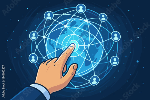 Business Hand Touching Digital Global Network Hologram, Fast Internet Connection, Social Media Connectivity, Worldwide Communication Technology Concept, Vector Illustration