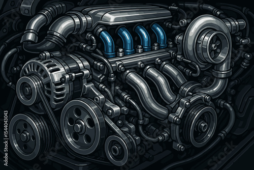 Detailed vector illustration of high-performance automobile engine with polished metallic components, turbocharger, blue intake manifold, serpentine belt system, advanced mechanical car technology