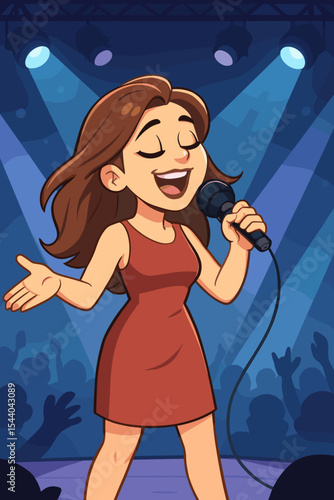 Cartoon female singer performing on concert stage holding microphone, spotlight, audience cheering, live music show, entertainment event, vector illustration, vibrant night performance concept