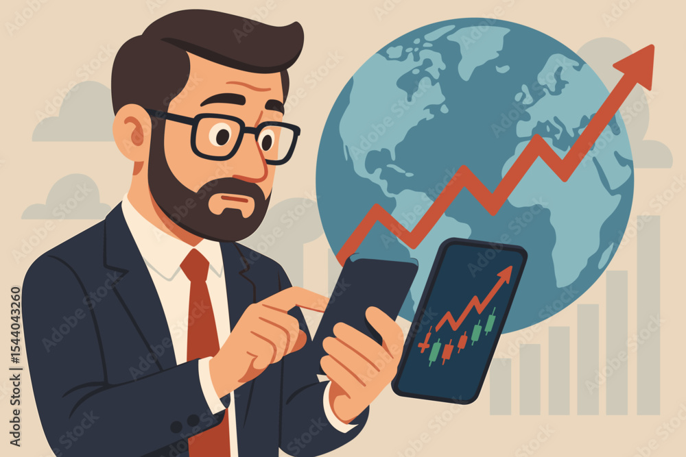 Business investor analyzing global stock market trends on smartphone with rising graph and candlestick chart, financial technology, digital trading, worldwide economic growth vector illustration Business investor analyzing global stock market trends on smartphone with rising graph and candlestick chart, financial technology, digital trading, worldwide economic growth vector illustration
