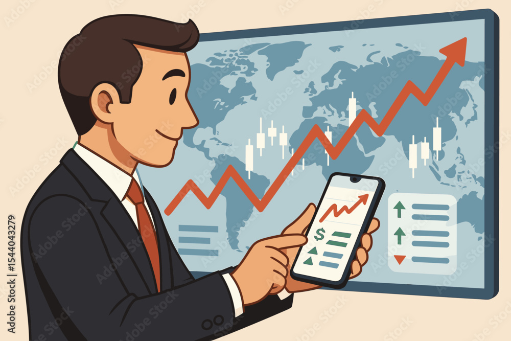 Businessman Analyzing Global Stock Market Growth on Smartphone, Financial Chart, Arrow Trend, World Economy Data, Investment Strategy, Market Analytics, Vector Illustration, Technology Concept Businessman Analyzing Global Stock Market Growth on Smartphone, Financial Chart, Arrow Trend, World Economy Data, Investment Strategy, Market Analytics, Vector Illustration, Technology Concept