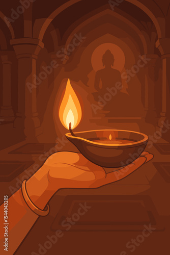 Spiritual woman’s hand holding glowing oil lamp illustration, peaceful temple interior, meditation, enlightenment, prayer ritual, Indian culture, mindfulness, Hindu Buddhist spirituality art