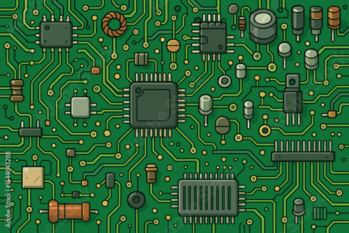 Detailed electronic circuit board pattern. Vector seamless green motherboard background with microchips, resistors, capacitors, transistors, wiring. Technology, engineering, hardware concept