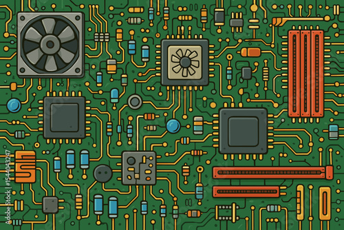Detailed cartoon computer motherboard illustration. Electronic circuits, microchips, capacitors, resistors, cooling fans, hardware components, green PCB background. Vector seamless technology pattern.