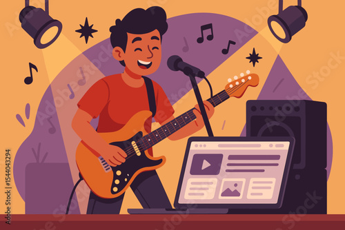 Live Music Performance with Electric Guitar and Microphone, Streaming Online via Laptop in Cozy Stage Room, Colorful Cartoon Vector Illustration, Musical Notes, Spotlight, Home Studio Concept