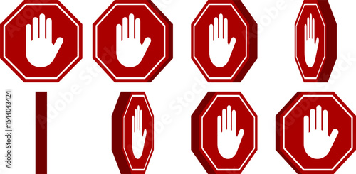 Rotating Red Stop Hand Block Octagon Sign or Adblock or Do Not Enter or Forbidden Icon Sprite Sheet for Game and App UI Animations. Vector Image.