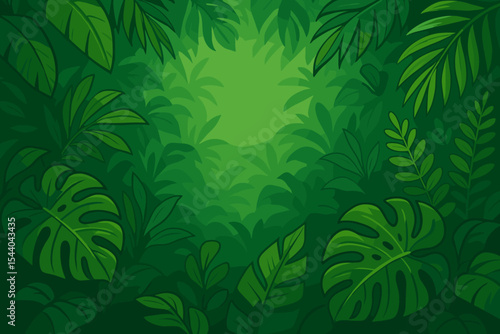 Lush tropical jungle foliage background with vibrant exotic rainforest plants, monstera, palm, fern leaves, green nature frame, botanical vector illustration, copy space for natural themes