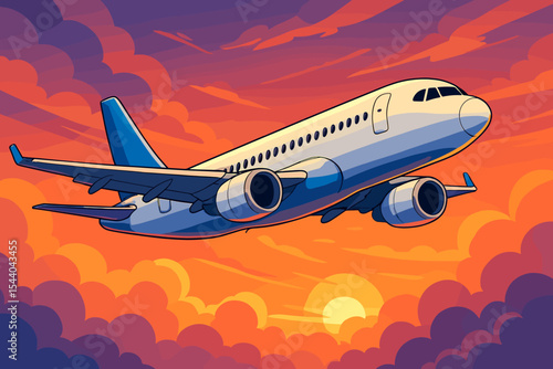 Modern passenger airplane flying above clouds in vivid sunset sky, commercial jet airliner illustration, travel concept, vibrant orange and purple background, vector cartoon art for aviation themes