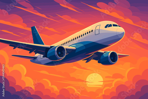 Commercial airliner flying above clouds at colorful sunrise. Vector illustration of passenger airplane in dramatic dawn sky. Modern jet in flight, travel and aviation concept, vibrant background