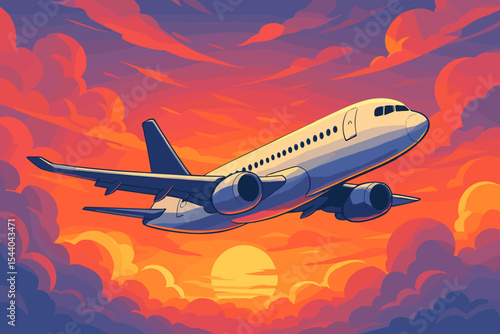 Commercial Airliner Flying Above Colorful Clouds at Sunrise Sky. Modern Passenger Jet in Vibrant Orange and Purple Dawn. Travel Concept. Vector Cartoon Illustration for Aviation and Tourism Design