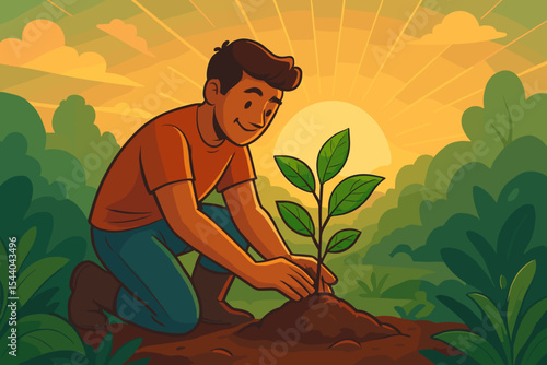 Sunrise planting concept. Man kneeling in soil nurturing young tropical tree. Environmental conservation, earth care, reforestation, growth, green eco lifestyle. Vibrant vector illustration