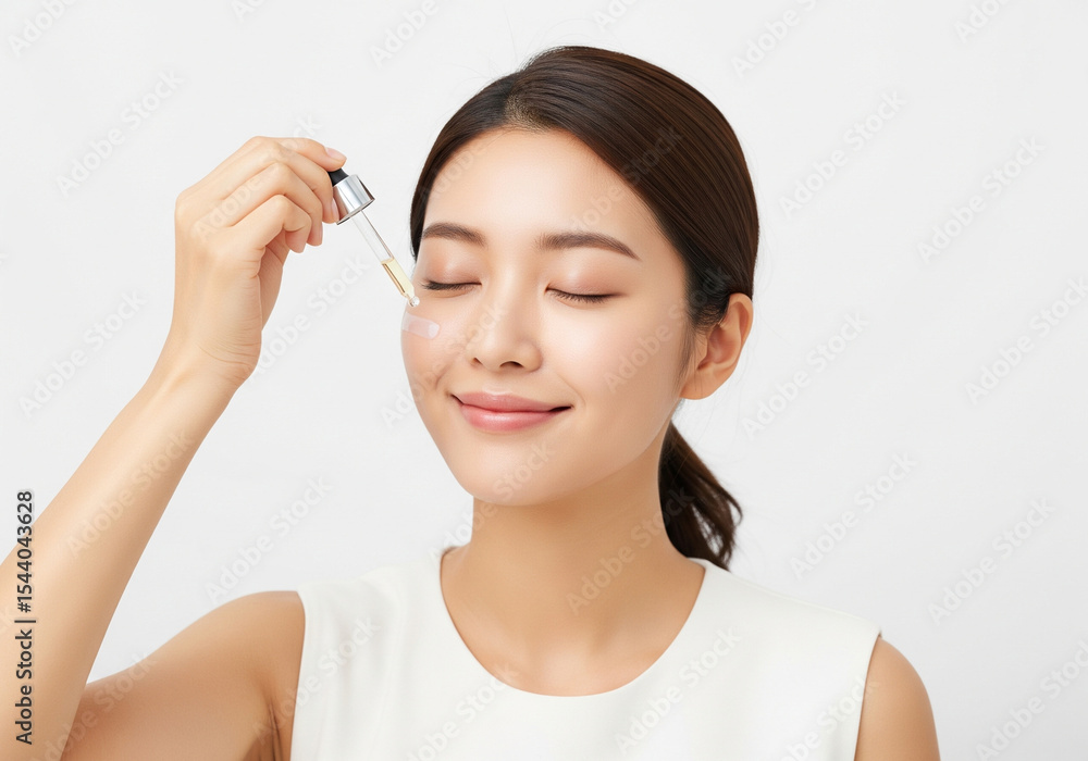 Serene Young Asian Woman Applying Face Serum for Radiant Skin Serene Young Asian Woman Applying Face Serum for Radiant Skin
