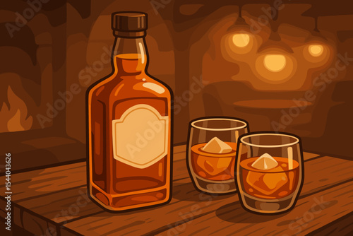 Whiskey bottle with two glasses of bourbon on ice, rustic wooden tavern table, warm cozy ambient lighting, fireplace, vintage bar interior, vector cartoon illustration, alcohol drink concept