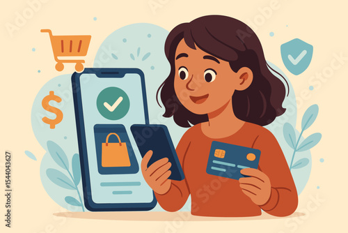 Secure mobile payment transaction, woman shopping online with smartphone and credit card, digital banking, e-commerce, contactless purchase, safe checkout, financial technology, vector illustration