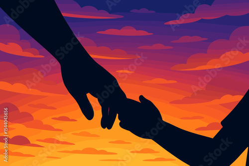 Silhouette of Adult and Child Holding Hands at Vibrant Sunset Sky. Family Bond, Parenting, Love, Care, Security, Trust. Generational Connection Concept. Emotional Vector Illustration Background