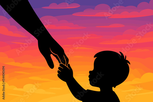 Loving mother and child silhouettes holding hands against vibrant sunset sky, parenthood bond, family support, caring relationship, nurturing connection, emotional childhood moment illustration