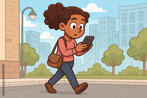 Woman walking on a city street engrossed in her smartphone. Concept of mobile phone addiction, digital distraction, and phubbing. Unaware girl using her device on the sidewalk.