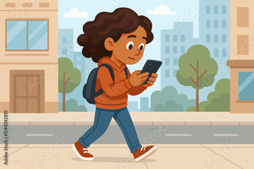 Young woman walking on a city street distracted by her smartphone. Concept of phone addiction, phubbing, screen time, and lack of awareness. Flat cartoon vector illustration.