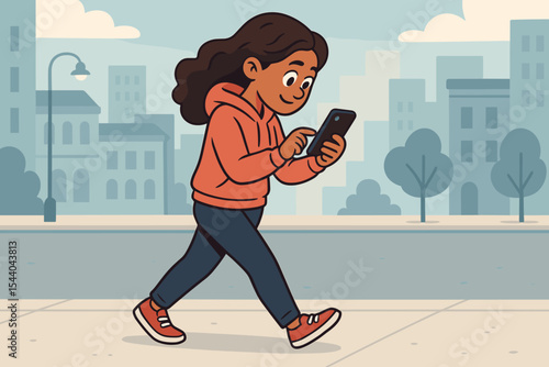 Young woman engrossed in her smartphone while walking on a city sidewalk. Modern youth lifestyle, technology addiction, and digital distraction. Flat cartoon vector illustration.