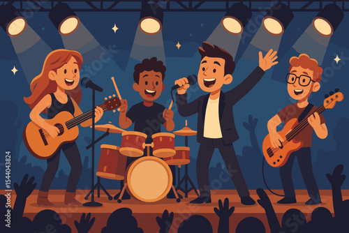 Lively Band Performing on Stage with Instruments, Singer Guitarist Drummer Bassist Concert Night, Animated Vector Crowd Applause Live Music Event, Entertainment Festival Illustration