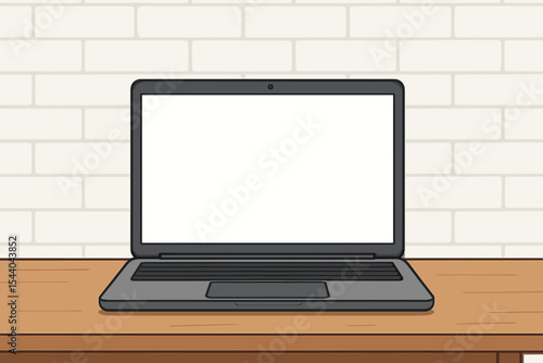 Modern minimalist workspace illustration with open laptop blank white screen on wooden desk, clean white brick wall background, digital technology, cartoon vector, no text, home office concept