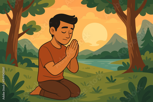 Man kneeling in prayer, hands together, showing gratitude and respect in tranquil forest landscape at sunset, river and mountains background, spiritual meditation, peaceful nature vector illustration