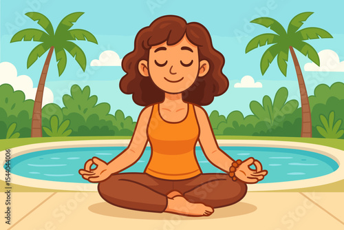 Woman practicing yoga and meditation in lotus pose by the pool. Concept of relaxation, wellness, mindfulness, and mental health. Peaceful girl in a tropical resort vector cartoon.