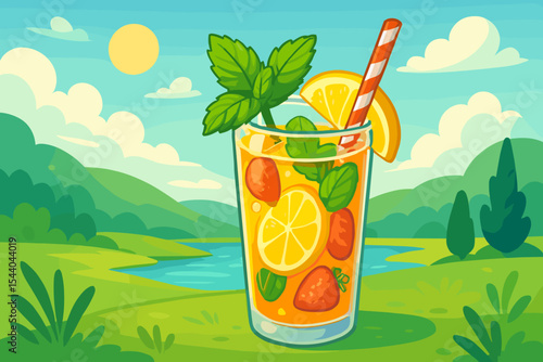 Refreshing summer fruit drink with lemon, strawberries, mint, and striped straw in glass on sunny nature landscape. Cold beverage cocktail outdoors, mountains, river, green meadow, cartoon vector