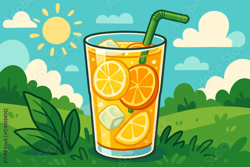 Refreshing summer citrus drink with ice cubes, lemon and orange slices in glass, outdoor landscape, sunshine, green grass, blue sky, cartoon vector illustration, cold beverage, picnic scene