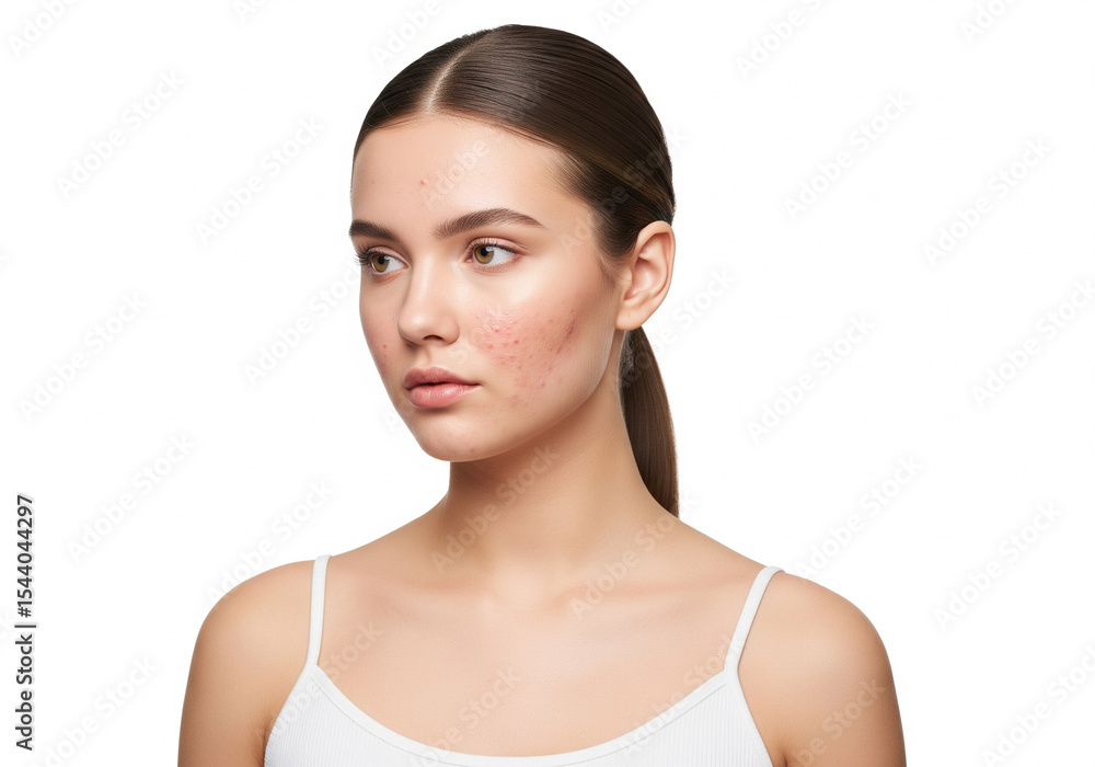 Young Woman with Acne or Skin Redness Looking Away, Skin Concern Young Woman with Acne or Skin Redness Looking Away, Skin Concern