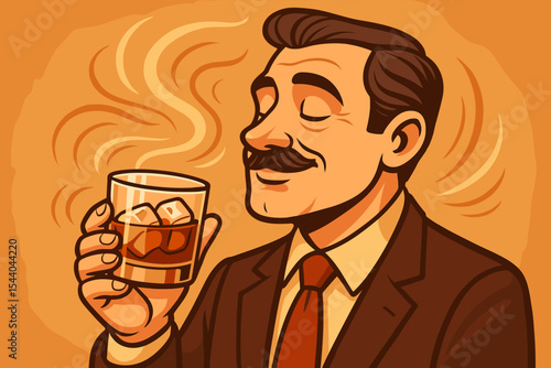 Elegant man in suit enjoying whiskey on the rocks, hand holding glass with ice cubes, rich aroma, classic style, vintage vector illustration, connoisseur, luxury beverage, sophisticated drink concept