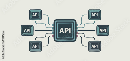 central api hub connected to multiple api endpoints, vector illustration for api gateway management, traffic control and software integration architecture