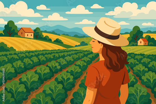 Tranquil Woman in Sun Hat Overlooking Lush Kale Field, Countryside Scenery, Rural Farming Lifestyle, Summer Landscape, Organic Agriculture, Nature Retreat, Vector Illustration