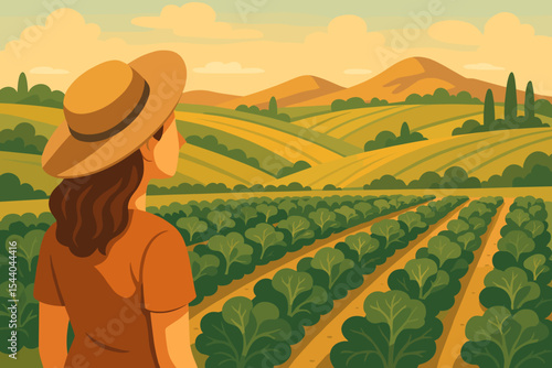 Woman Farmer in Straw Hat Overlooking Scenic Kale Field at Sunset, Rural Countryside Landscape, Sustainable Agriculture, Organic Farm, Healthy Lifestyle, Vector Illustration
