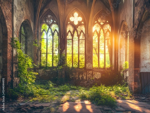 The interior of an ancient ruined church with arched windows overgrown by nature
